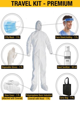 Travel Kit - Premium Bundle offer (Disposable coverall + 3 Ply Mask + Disposable gloves + Shoe cover + Face shield + Hand sanitizer 50ml + Carry Bag)