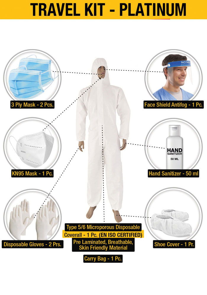 Travel Kit - Platinum Bundle offer (5/6 Disposable coverall + 3 Ply Mask + KN95 Mask + Disposable gloves + Shoe cover + Face shield + Hand sanitizer 50ml + Carry Bag)
